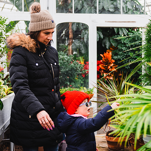 A woman and young girl in winter coats explore a greenhouse