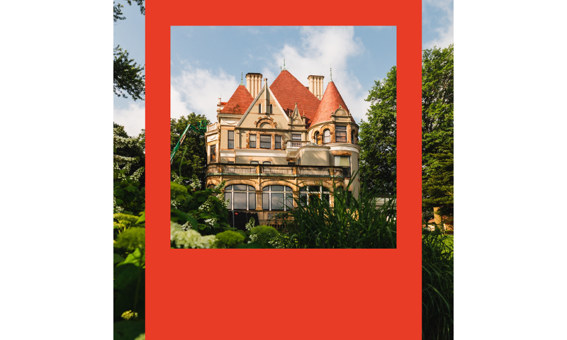 The Frick Pittsburgh new brand featuring a photograph of Clayton in a poppy red frame.