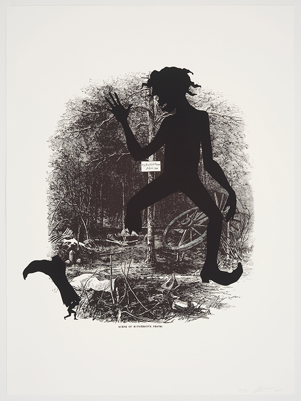 a print by kara walker. an original harpers weekly illustration depicts the remnants of a battle on the edge of a wooded area. overlaid on the illustration is a caricatured silhouette of a black young man who is missing the bottom of one leg
