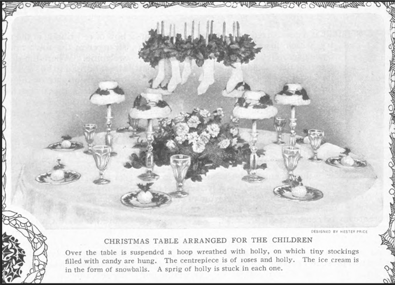 a vintage magazine illustration shows a recommended holiday table setting