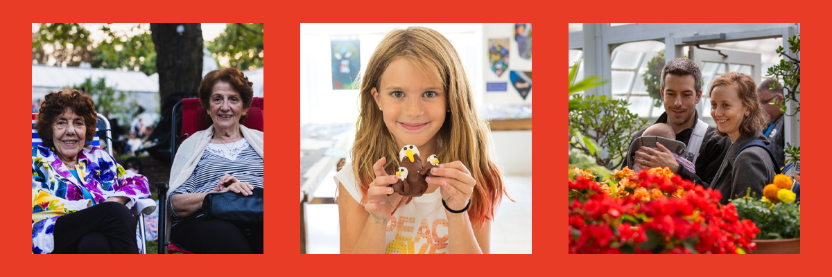 a collage of three photos: two women sitting outside, a young girl holding up an art project, and a man a woman walking through a greenhouse with their baby