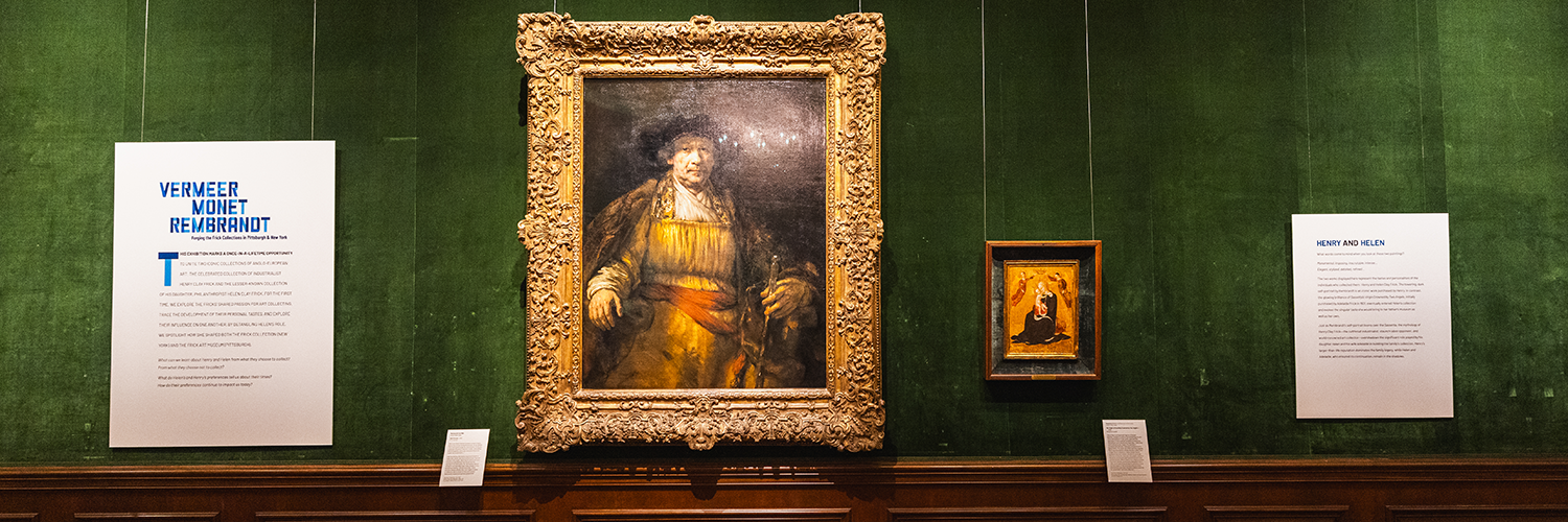 a large, imposing portrait of a man hangs next to a small, delicate depiction of the virgin mary
