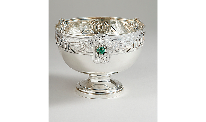 C.G. Hallberg, Sweden (Stockholm), 1860â€“1961. Bowl, 1903. Silver with malachite cabochons, 7 1/2 x 10 1/4 in. (19 x 26 cm). Werner Collection.