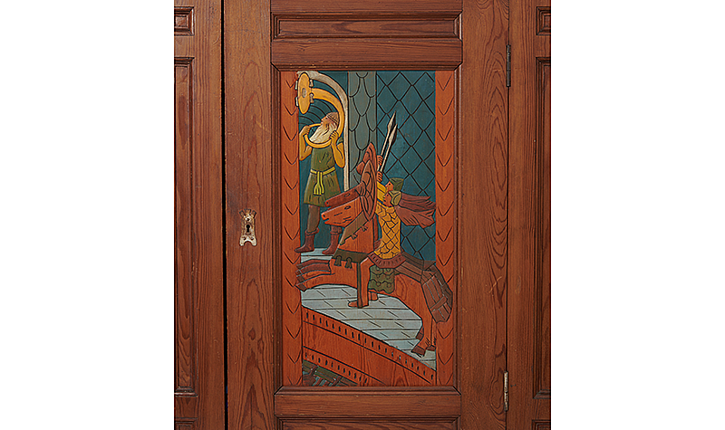 Gerhard Munthe, Norwegian, 1849-1929. Cabinet depicting warriors and the Bridge to Valhalla, 1910. Pine with gouache on glass, 89 7/8 x 33 x 24 in. (228.3 x 83.8 x 61 cm). Werner Collection.