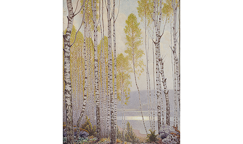 Gustaf Fjaestad, Swedish, 1868-1948. Birch Trees and Anemones at a Sunlit Lake, 1910. Oil on panel, 46 7/8 x 37 3/4 in. (119 x 96 cm). Werner Collection.